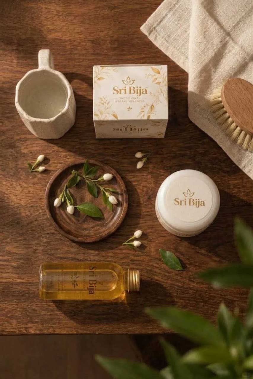 Sri Bija bottle, jar and botanical box arranged on a wooden table with a ceramic cup, flowers and linen