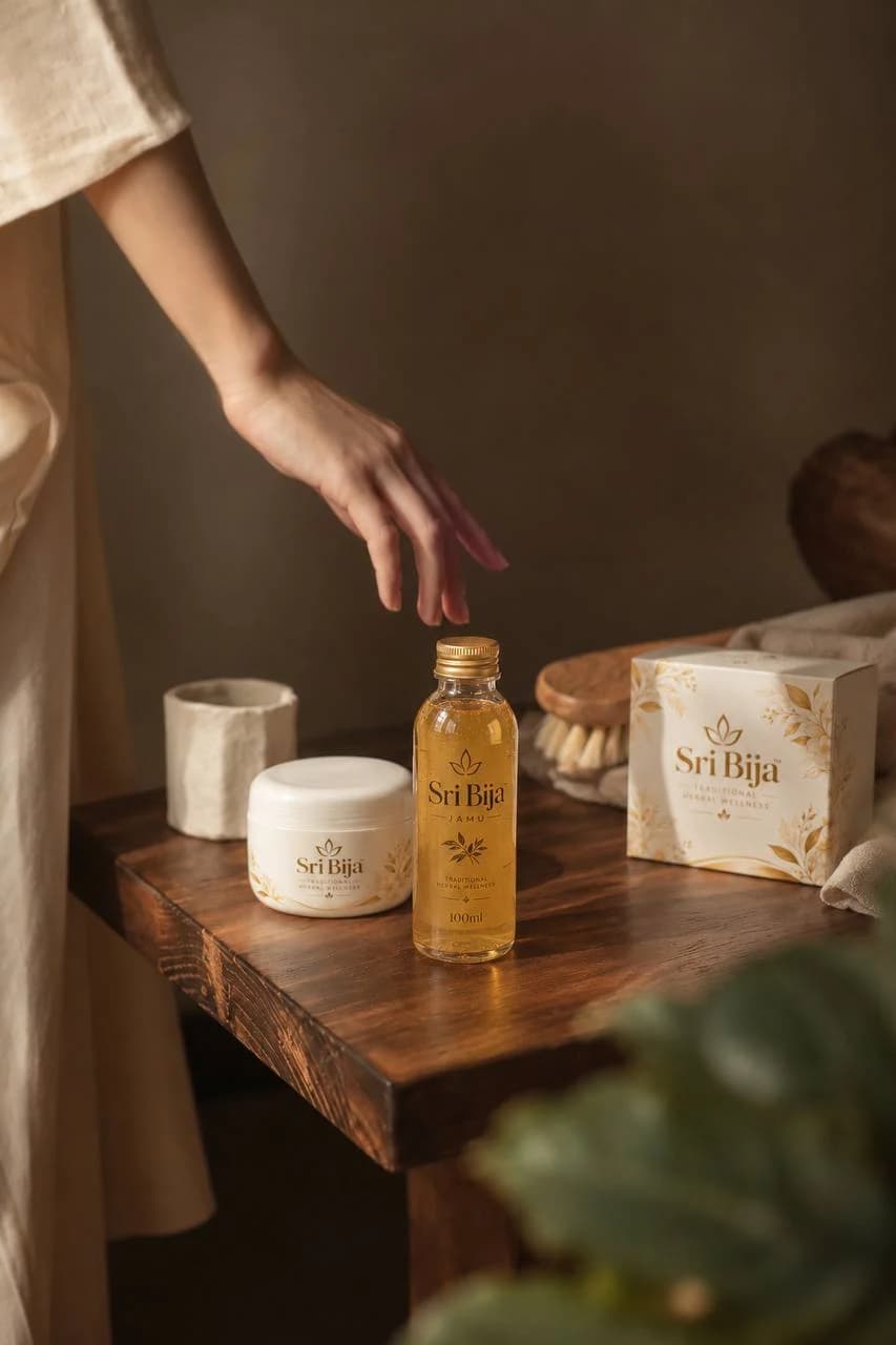 Sri Bija bottle, herbal powder jar and botanical box on a wooden table, with a hand reaching towards the bottle